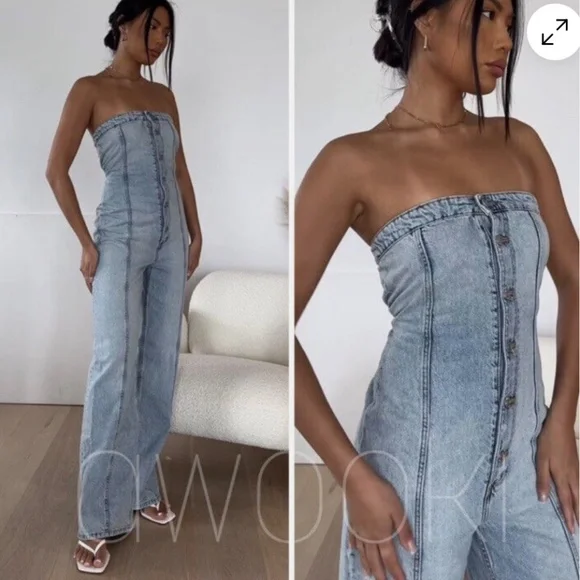 NWT Zara TRF Strapless Off Shoulder Denim Jumpsuit Size XS - Picture 4 of 16